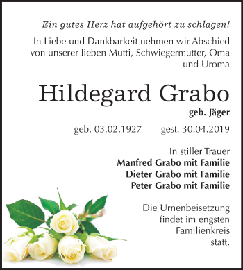 Traueranzeige von Hildegard Grabo von Mitteldeutsche Zeitung