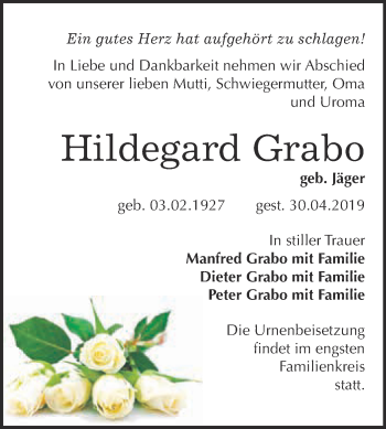 Traueranzeige von Hildegard Grabo von WVG - Wochenspiegel Wittenberg