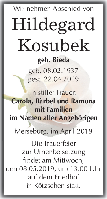 Traueranzeige von Hildegard Kosubek von Mitteldeutsche Zeitung Merseburg/Querfurt