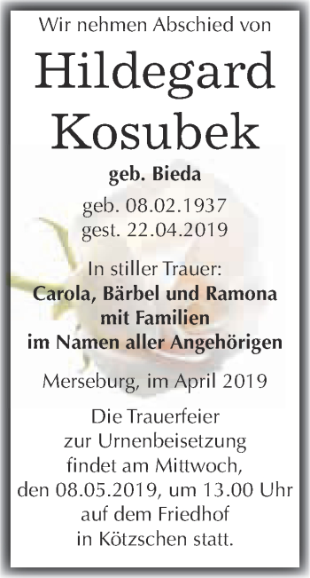 Traueranzeige von Hildegard Kosubek von WVG - Wochenspiegel Merseburg