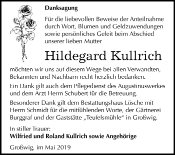 Traueranzeige von Hildegard Kullrich von WVG - Wochenspiegel Wittenberg
