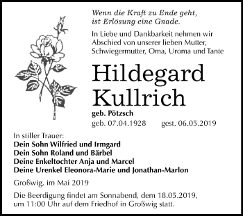 Traueranzeige von Hildegard Kullrich von Mitteldeutsche Zeitung