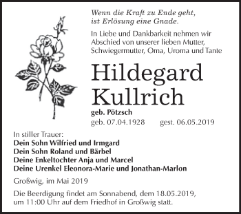 Traueranzeige von Hildegard Kullrich von WVG - Wochenspiegel Wittenberg
