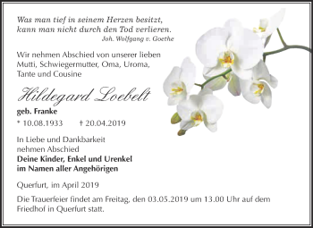 Traueranzeige von Hildegard Loebelt von WVG - Wochenspiegel Merseburg