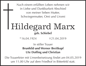 Traueranzeige von Hildegard Marx von WVG - Wochenspiegel Bitterfeld