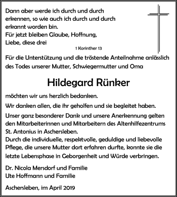 Traueranzeige von Hildegard Rünker von Mitteldeutsche Zeitung