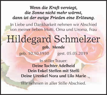 Traueranzeige von Hildegard Schmelzer von WVG - Wochenspiegel NMB / WSF / ZTZ