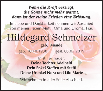 Traueranzeige von Hildegard Schmelzer von Mitteldeutsche Zeitung
