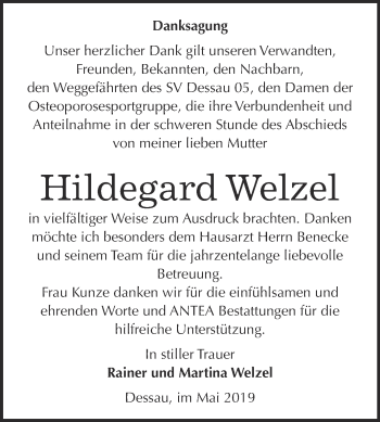 Traueranzeige von Hildegard Welzel von WVG - Wochenspiegel Dessau / Köthen