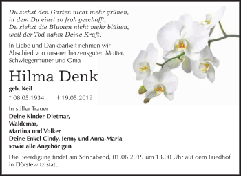 Traueranzeige von Hilma Denk von WVG - Wochenspiegel Merseburg