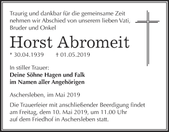 Traueranzeige von Horst Abromeit von Super Sonntag Aschersleben