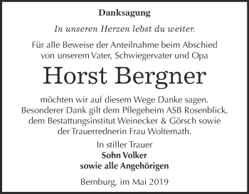 Traueranzeige von Horst Bergner von Super Sonntag Bernburg