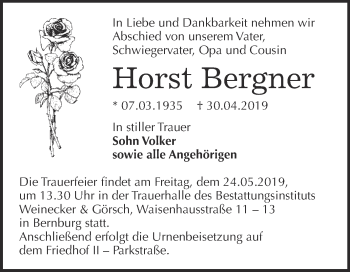 Traueranzeige von Horst Bergner von Super Sonntag Bernburg
