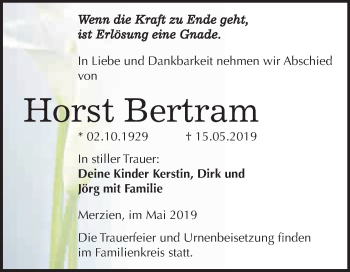 Traueranzeige von Horst Bertram von WVG - Wochenspiegel Dessau / Köthen