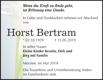 Traueranzeige von Horst Bertram von Mitteldeutsche Zeitung Köthen