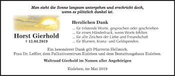 Traueranzeige von Horst Gierhold von Wochenspiegel Mansfelder Land