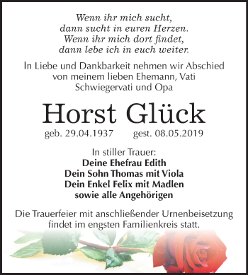 Traueranzeige von Horst Glück von Mitteldeutsche Zeitung