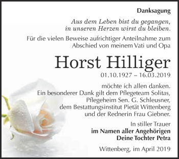 Traueranzeige von Horst Hilliger von Super Sonntag Wittenberg