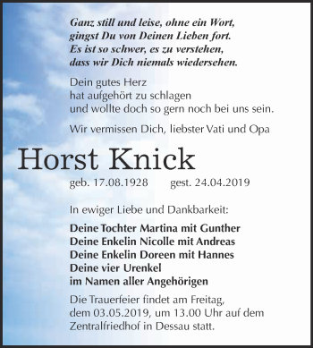 Traueranzeige von Horst Knick von WVG - Wochenspiegel Dessau / Köthen