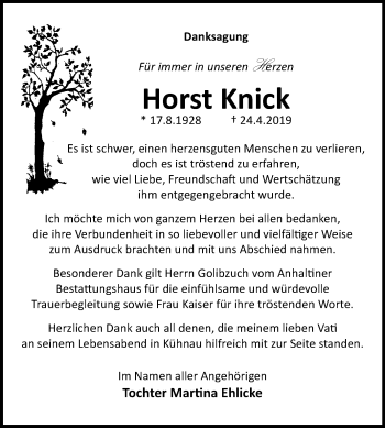 Traueranzeige von Horst Knick von Mitteldeutsche Zeitung Dessau-Roßlau