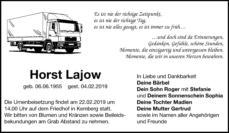  Traueranzeige für Horst Lajow vom 09.02.2019 aus Mitteldeutsche Zeitung
