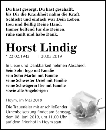 Traueranzeige von Horst Lindig von Mitteldeutsche Zeitung