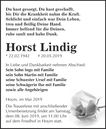 Traueranzeige von Horst Lindig von Super Sonntag Aschersleben