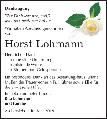 Traueranzeige von Horst Lohmann von Mitteldeutsche Zeitung Aschersleben