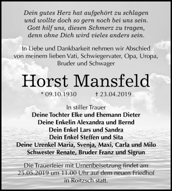 Traueranzeige von Horst Mansfeld von Mitteldeutsche Zeitung Bitterfeld