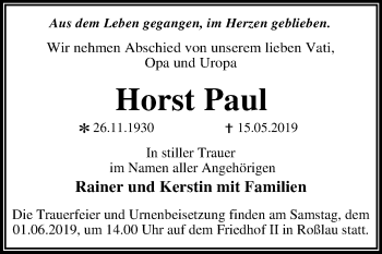 Traueranzeige von Horst Paul von Mitteldeutsche Zeitung