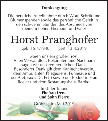 Traueranzeige von Horst Pranghofer von WVG - Wochenspiegel Dessau / Köthen