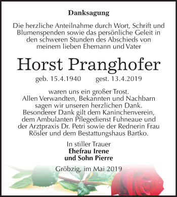 Traueranzeige von Horst Pranghofer von Mitteldeutsche Zeitung Köthen