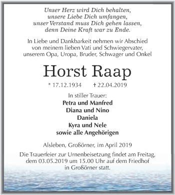 Traueranzeige von Horst Raap von Wochenspiegel Mansfelder Land