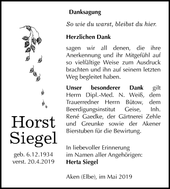 Traueranzeige von Horst Siegel von Mitteldeutsche Zeitung Köthen