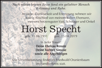 Traueranzeige von Horst Specht von Mitteldeutsche Zeitung