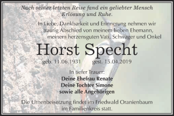 Traueranzeige von Horst Specht von WVG - Wochenspiegel Wittenberg