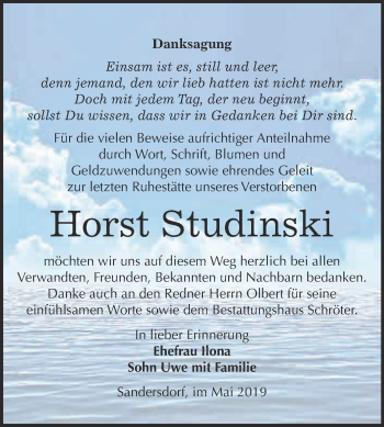Traueranzeige von Horst Studinski von WVG - Wochenspiegel Bitterfeld