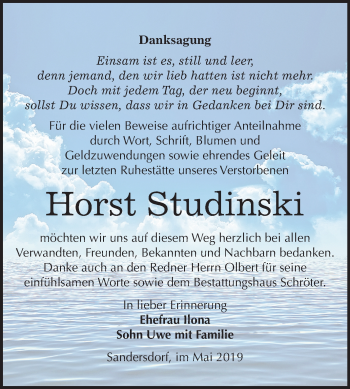 Traueranzeige von Horst Studinski von Mitteldeutsche Zeitung Bitterfeld