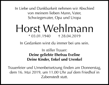 Traueranzeige von Horst Wehlmann von Mitteldeutsche Zeitung