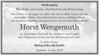 Traueranzeige von Horst Wengemuth von WVG - Wochenspiegel Merseburg