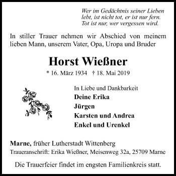 Traueranzeige von Horst Wießner von Super Sonntag Wittenberg