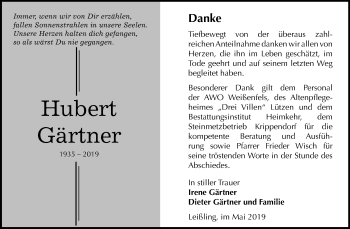 Traueranzeige von Hubert Gärtner von WVG - Wochenspiegel NMB / WSF / ZTZ