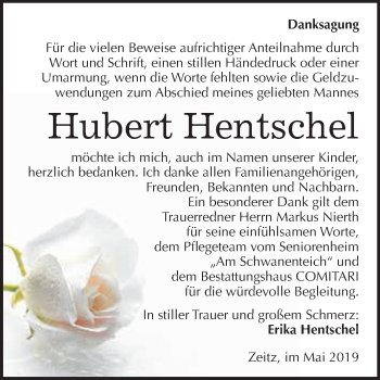 Traueranzeige von Hubert Hentschel von WVG - Wochenspiegel NMB / WSF / ZTZ
