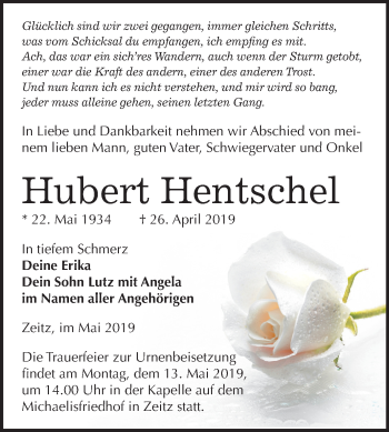 Traueranzeige von Hubert Hentschel von Mitteldeutsche Zeitung
