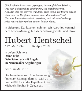 Traueranzeige von Hubert Hentschel von WVG - Wochenspiegel NMB / WSF / ZTZ