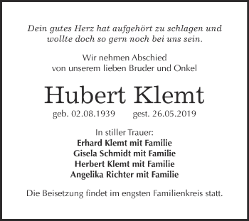 Traueranzeige von Hubert Klemt von Super Sonntag Wittenberg