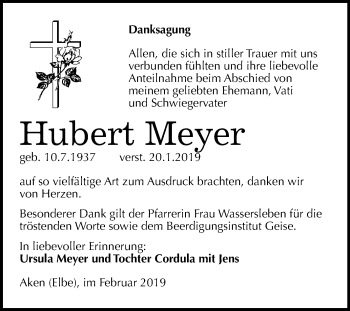 Traueranzeige von Hubert Meyer von Mitteldeutsche Zeitung Köthen