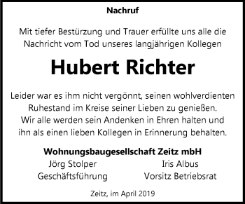 Traueranzeige von Hubert Richter von Super Sonntag Zeitz