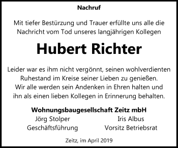 Traueranzeige von Hubert Richter von Mitteldeutsche Zeitung Zeitz