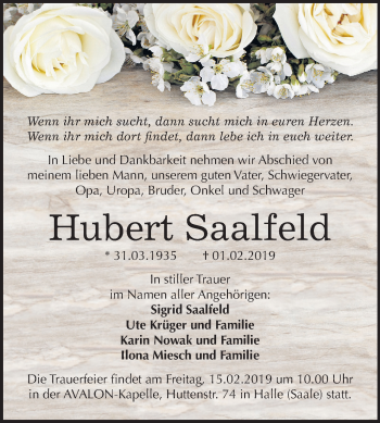 Traueranzeige von Hubert Saalfeld von Mitteldeutsche Zeitung Halle/Saalkreis